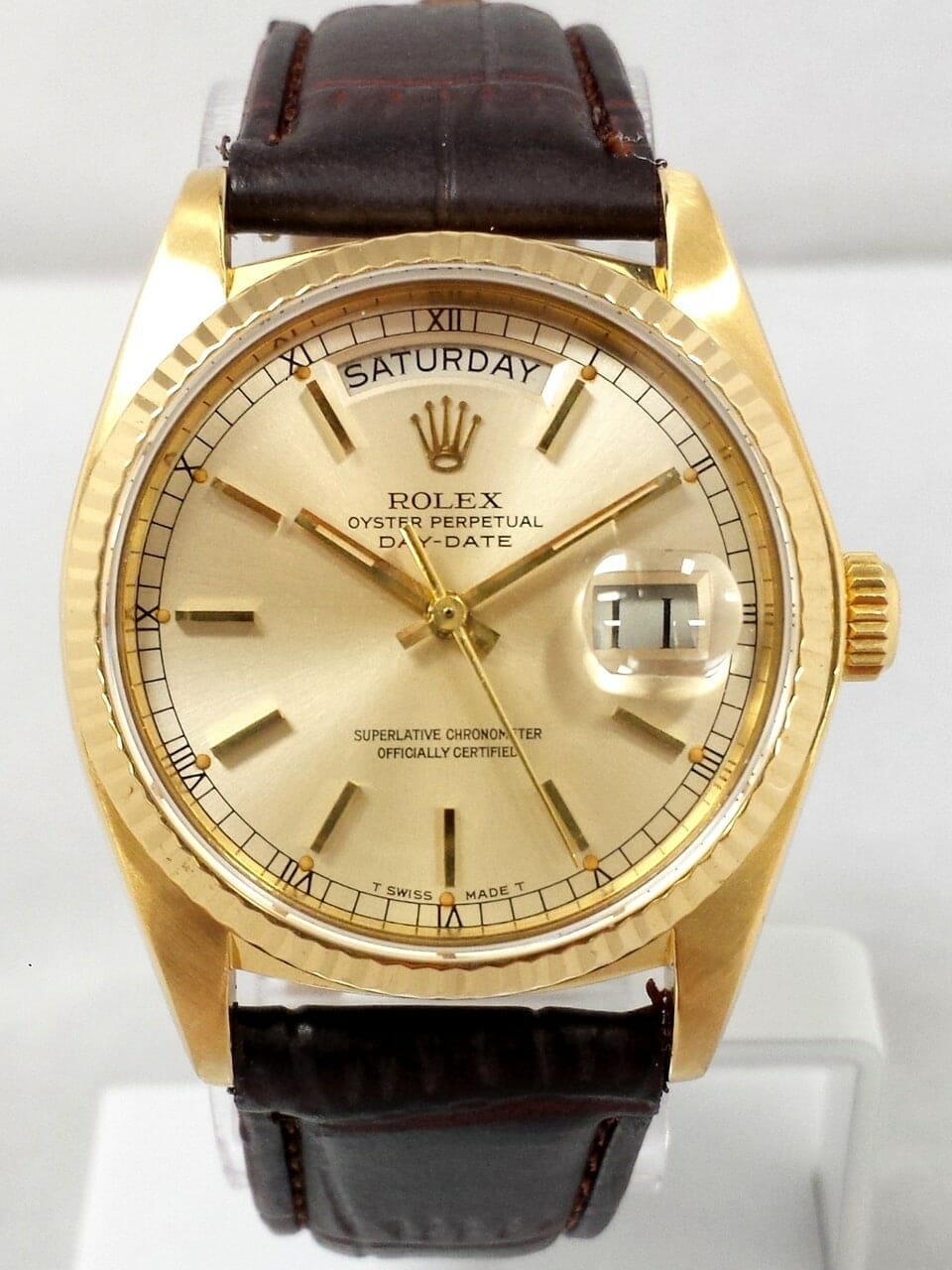 Rolex Day Date 18k Yellow Gold On Brown Leather Strap 18038