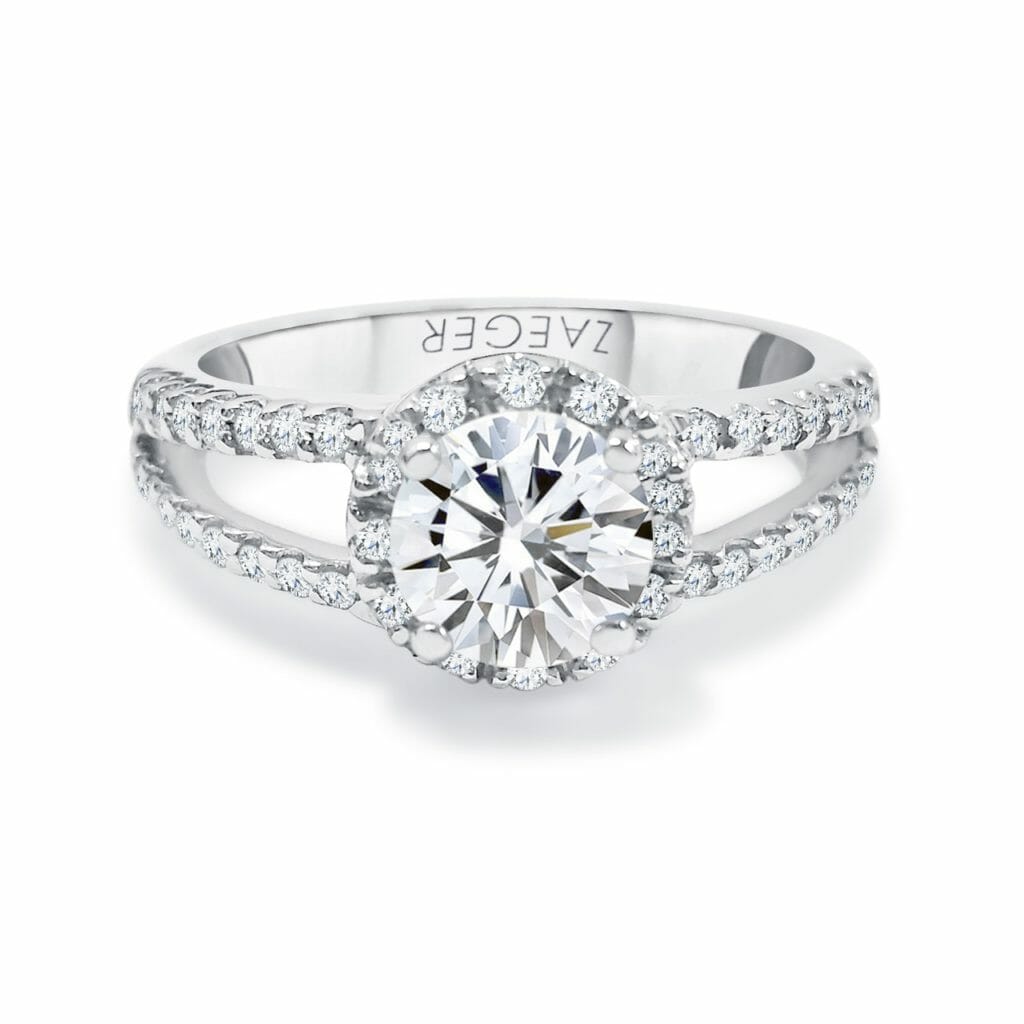 Halo Set Round Diamonds Engagement Ring With Split Shank With Sidestones