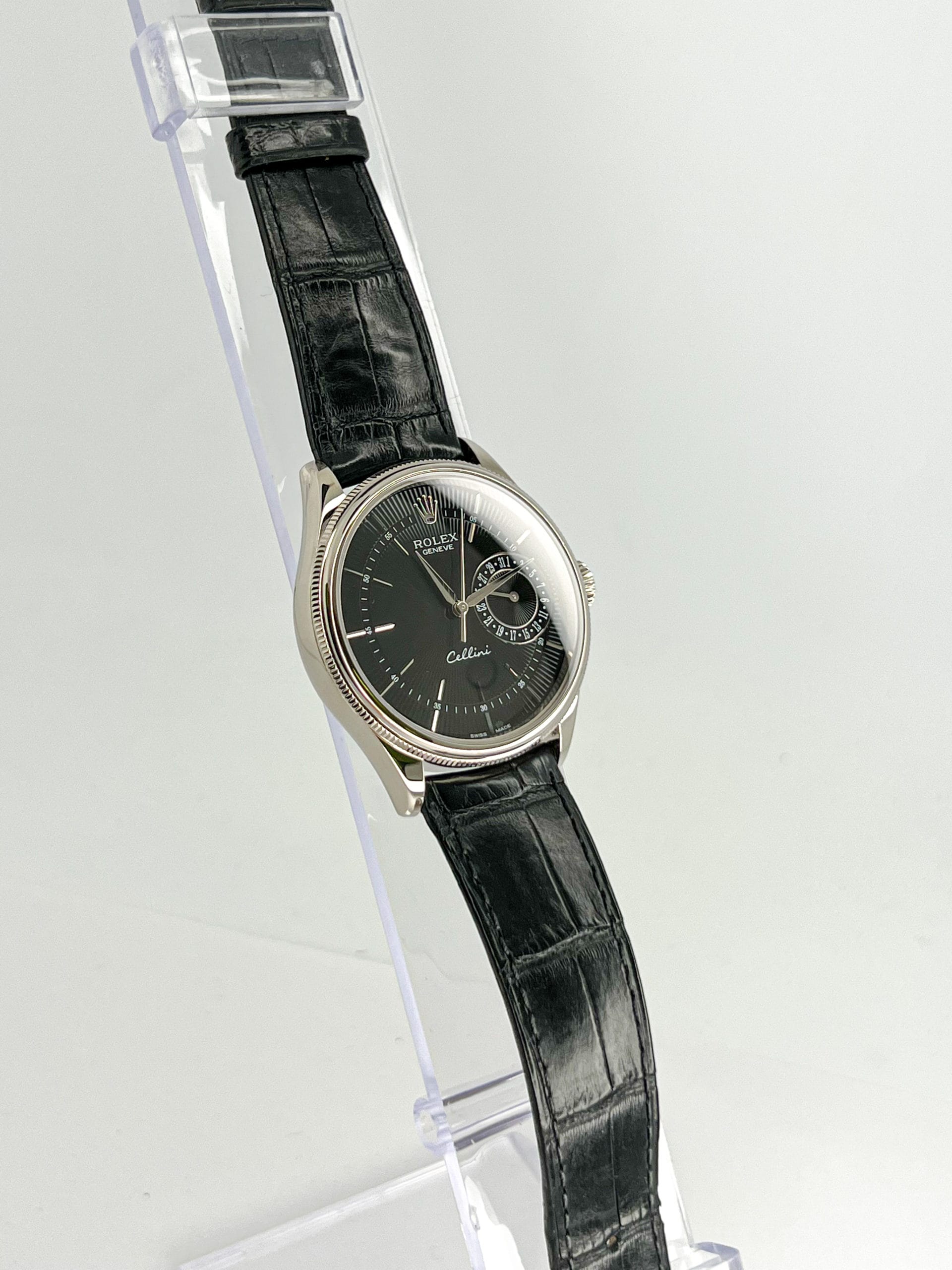 Rolex Cellini Date 50519 Black Dial 18ct White Gold Black Leather 39mm ...