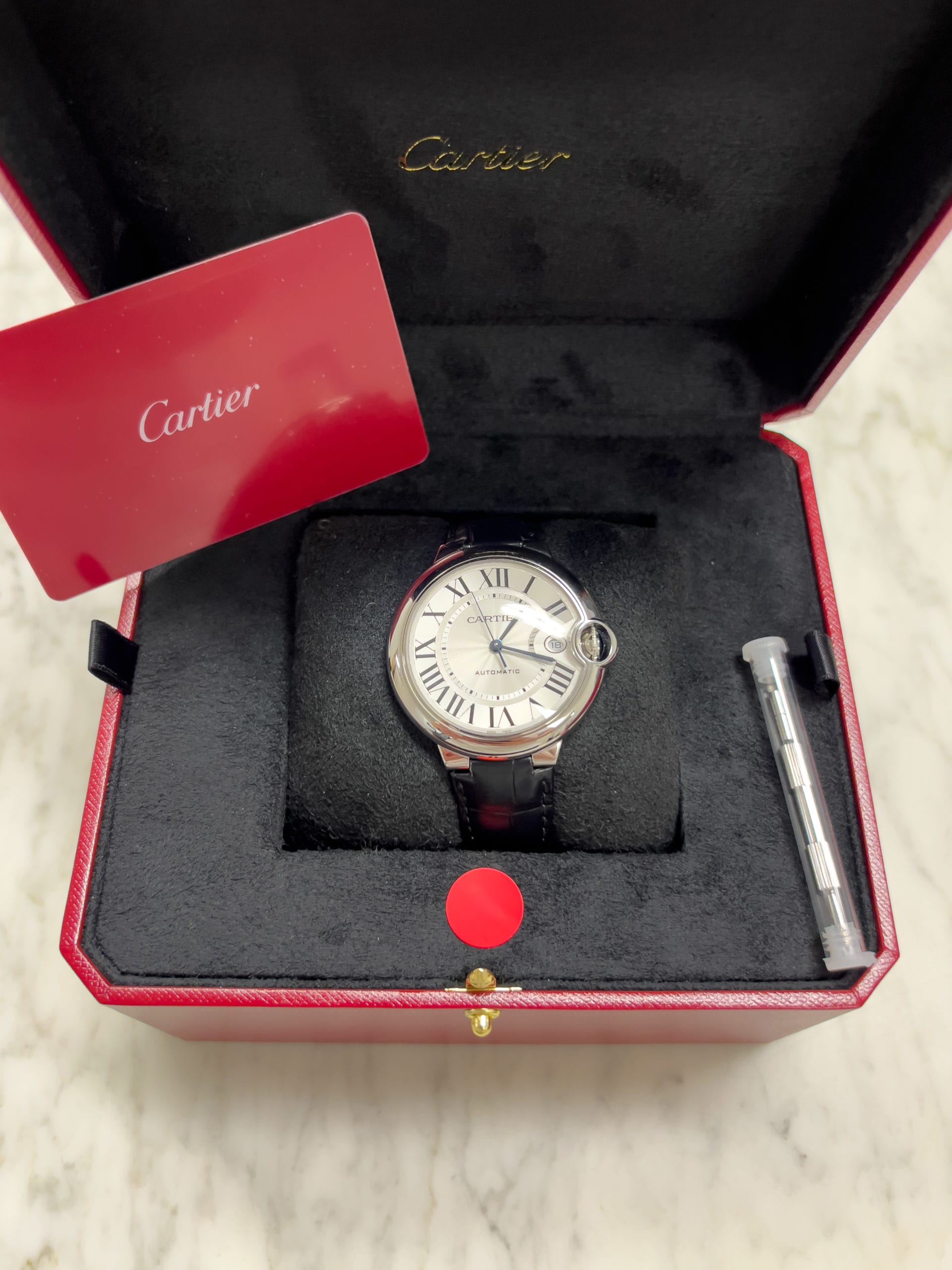 Cartier Ballon Bleu De Cartier WSBB0039 Silver Dial Leather Bracelet ...