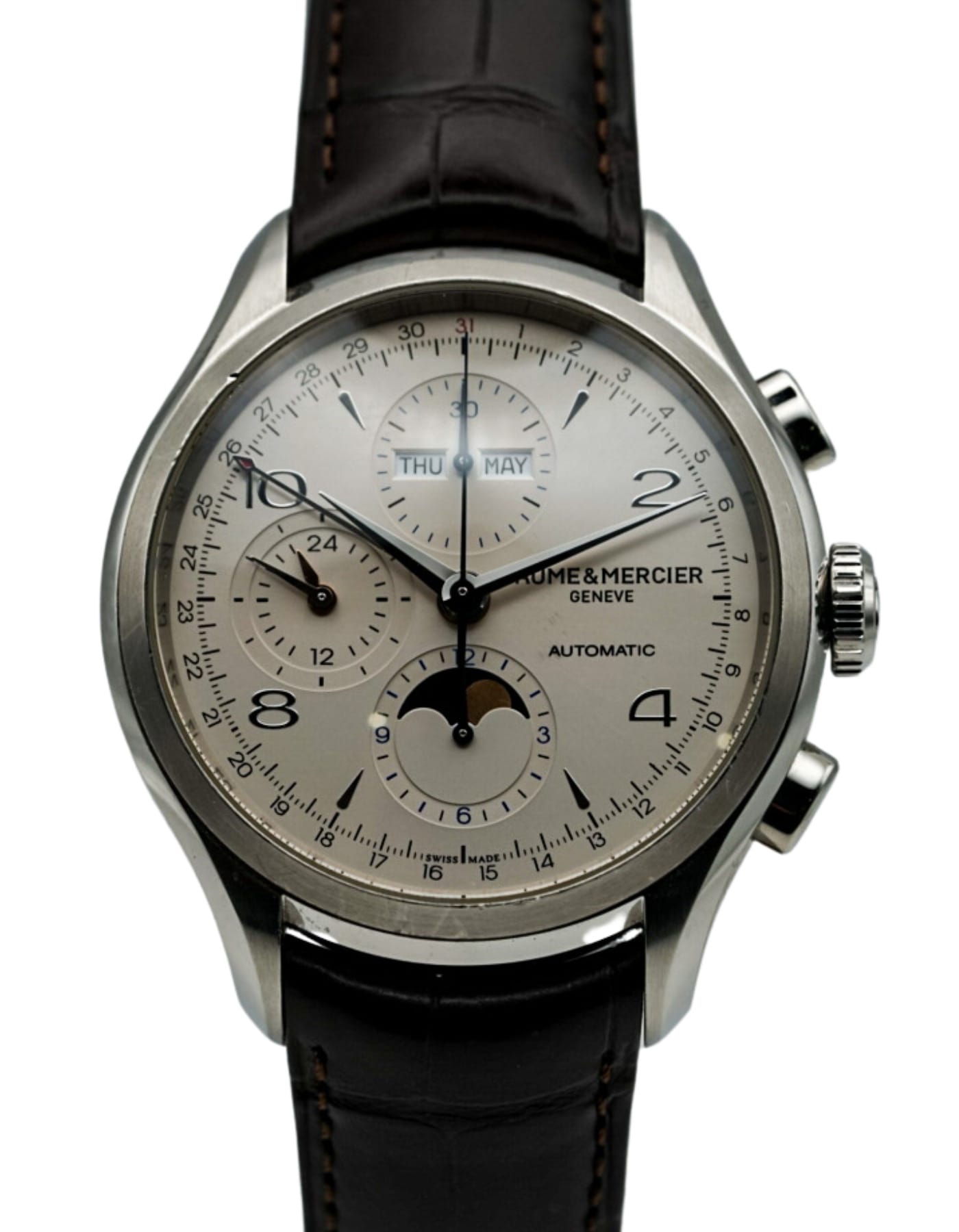 Baume Mercier Clifton MOA10278 Silver Dial Chronograph Moon Function Stainless Steel Leather Bracelet 43mm Luxury Watches Buy Genuine Brands