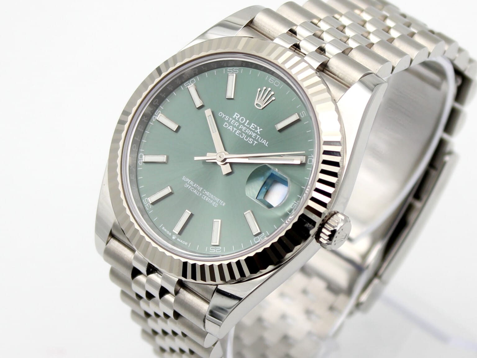 Rolex Datejust 41 Stainless Steel Mint Green Dial Fluted Bezel Jubilee