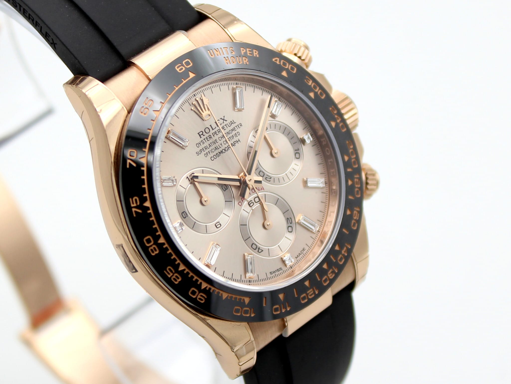 Rolex Daytona K Rose Gold Oysterflex Sundust Baguette Diamond Dial Luxury Watches