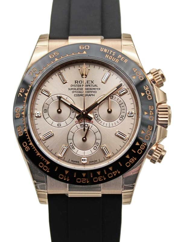 Rolex Daytona 18k Rose Gold Oysterflex Sundust Baguette Diamond Dial ...