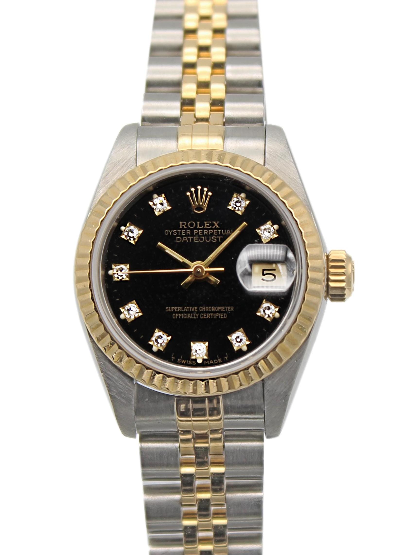 Rolex Ladies Datejust 26mm Steel and Yellow Gold Black Diamond Dial 69173 Luxury Watches Buy Genuine Brands Rolex Omega IWC Zaeger