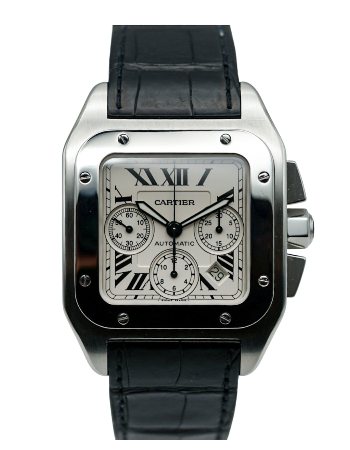 Cartier Santos 2740 100 XL White Dial Crocodile Leather Strap Stainless ...