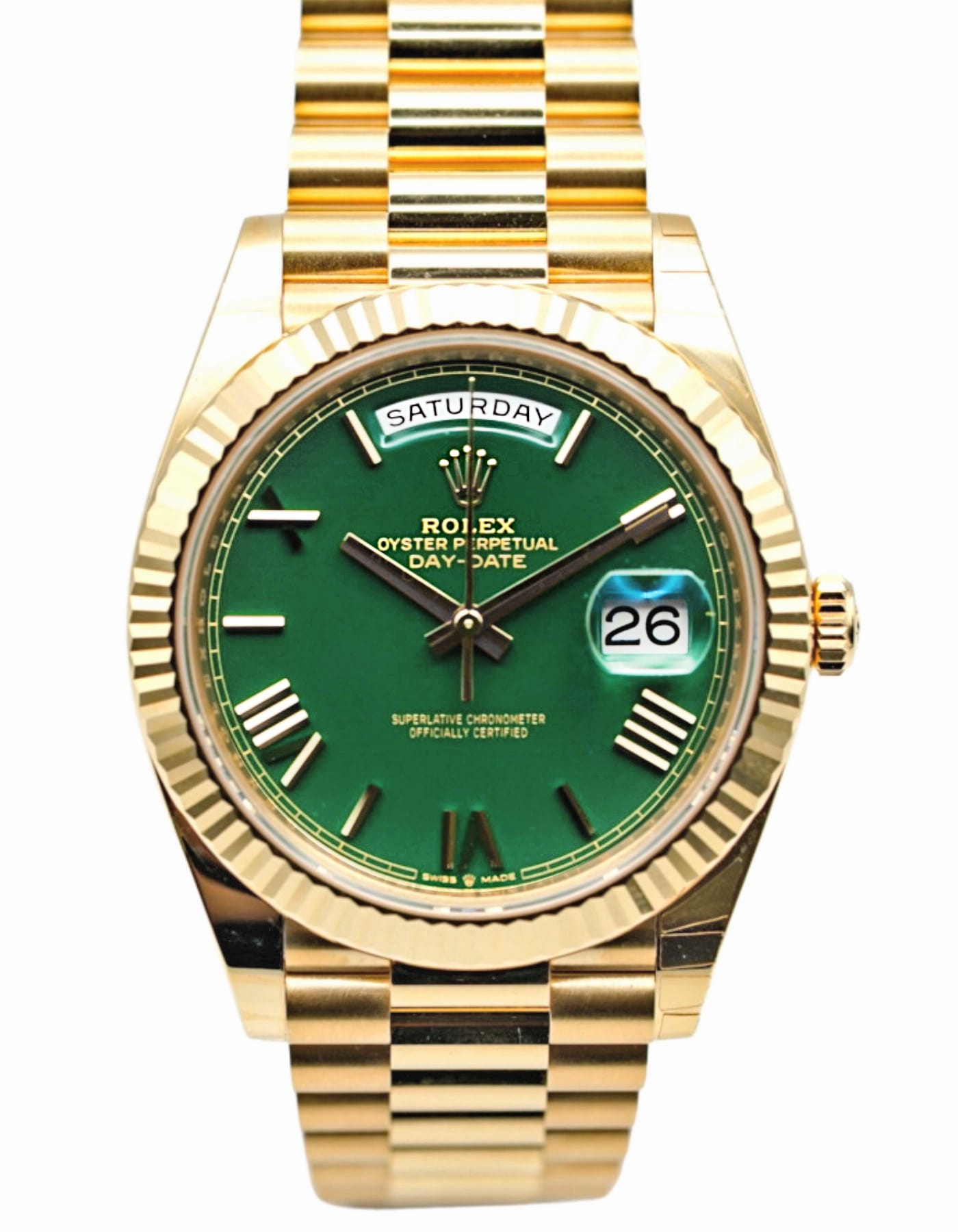 Rolex Day-Date 40 228238 Flat Green Yellow Gold Fluted President Bracelet 40mm 2022 Model - Luxury Watches | Buy Genuine Brands Rolex Omega IWC | Zaeger