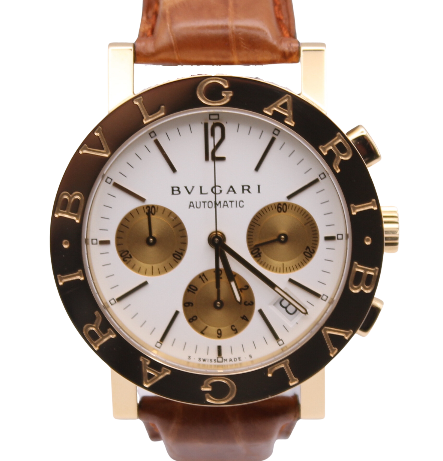 Bvlgari Yellow Gold Men's Watch With Brown Leather Strap White Dial