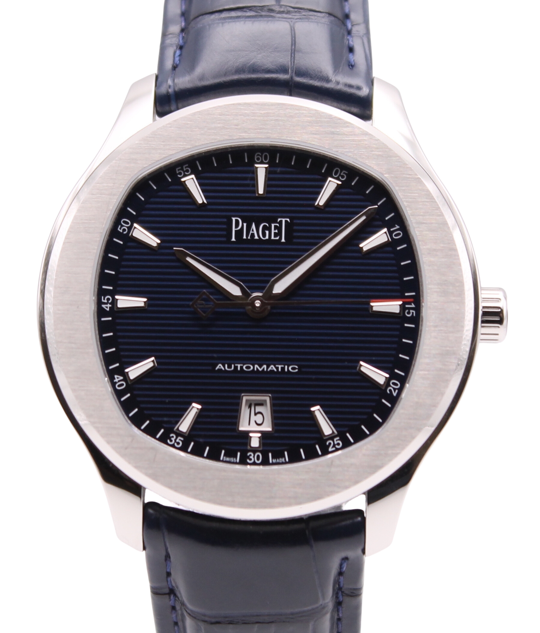 Piaget Polo Date Stainless Steel Blue Dial Blue Leather Strap Ref