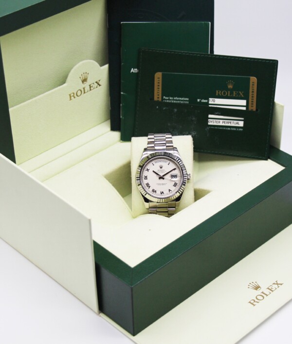 Rolex Day-Date 2 18k White Gold 41mm Ivory Dial Fluted Bezel President Bracelet 218239 - Image 7