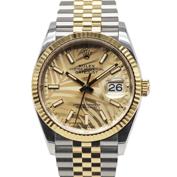 Rolex Datejust 36mm Two Tone Fluted Bezel Jubilee Bracelet Palm Motif Dial 126233