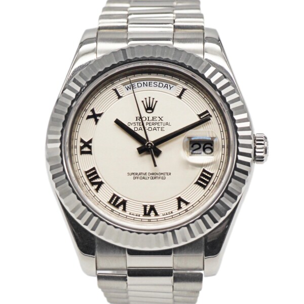 Rolex Day-Date 2 18k White Gold 41mm Ivory Dial Fluted Bezel President Bracelet 218239