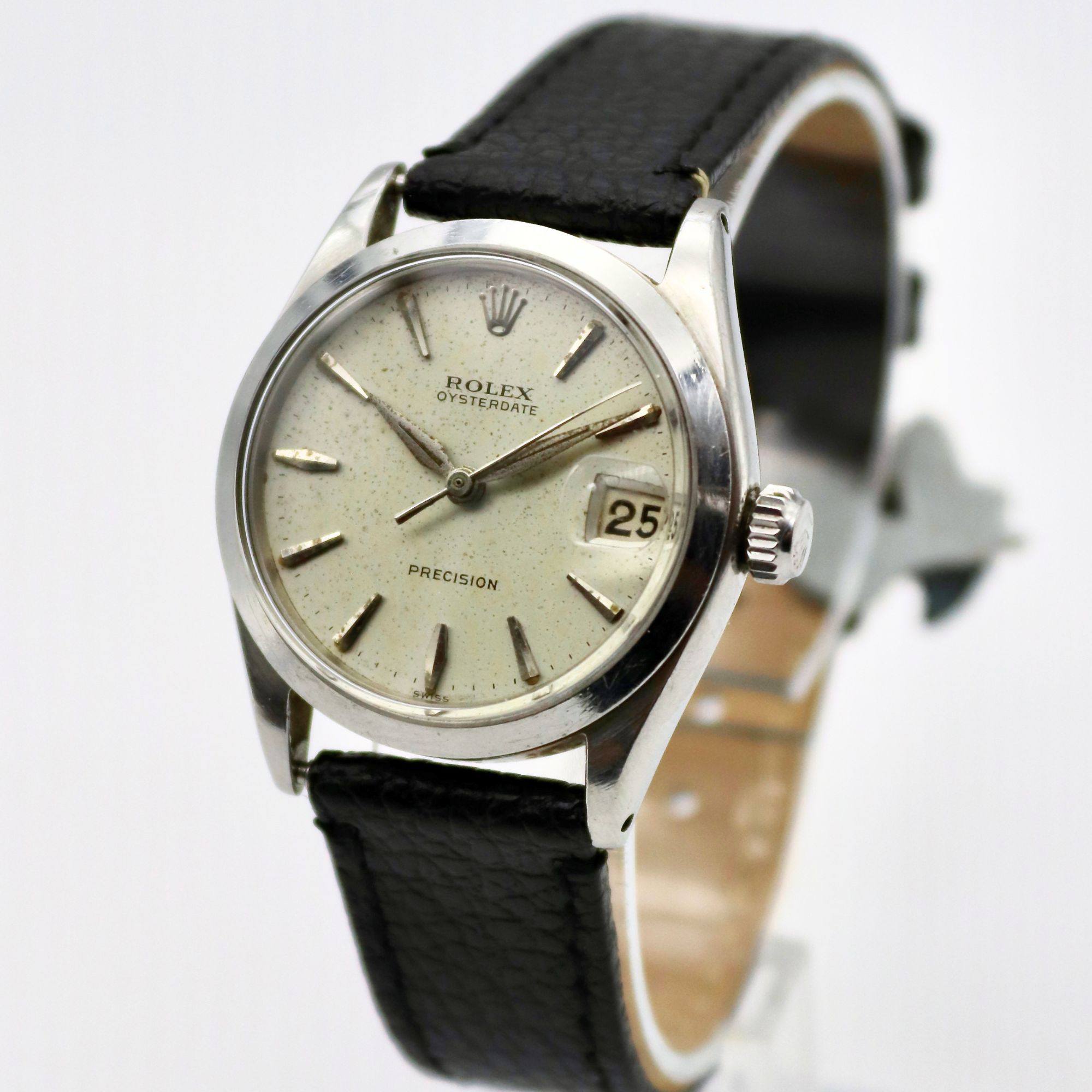 Rolex OysterDate Precision 31mm White Dial Stainless Steel Black Leather Strap 6466 - Image 2