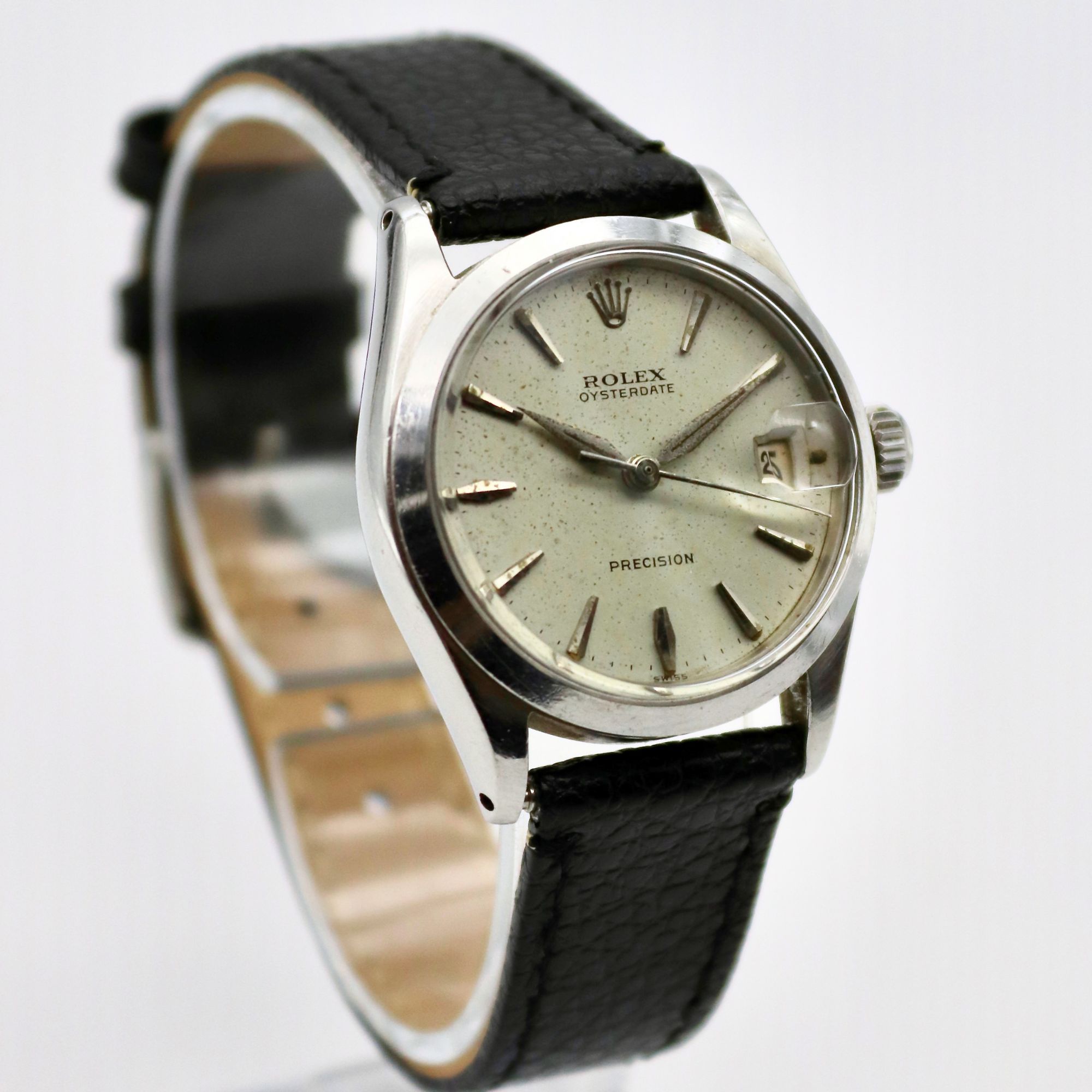 Rolex OysterDate Precision 31mm White Dial Stainless Steel Black Leather Strap 6466 - Image 3