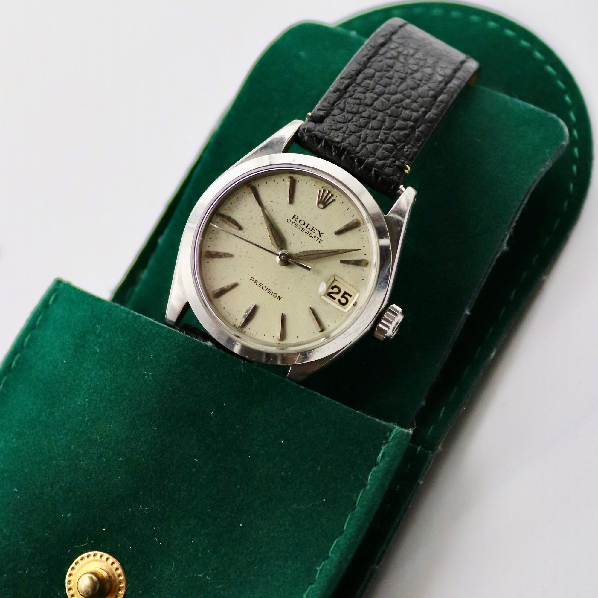 Rolex OysterDate Precision 31mm White Dial Stainless Steel Black Leather Strap 6466 - Image 5