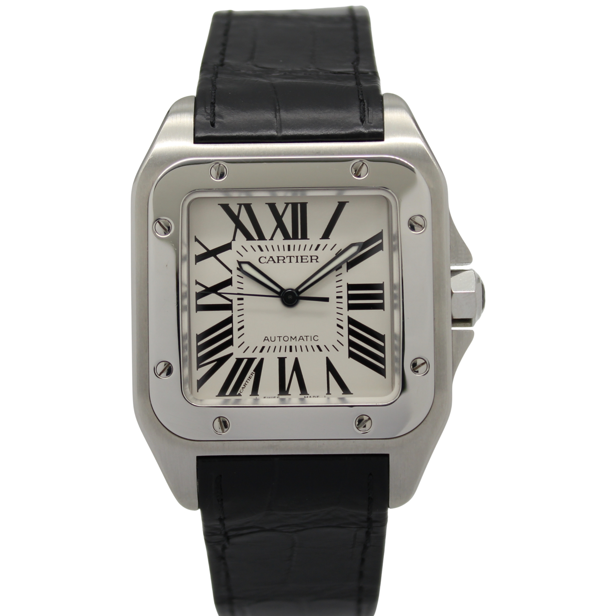 Cartier Santos 100 Large 38 x 51mm White Dial Stainless Steel Leather Strap 2656