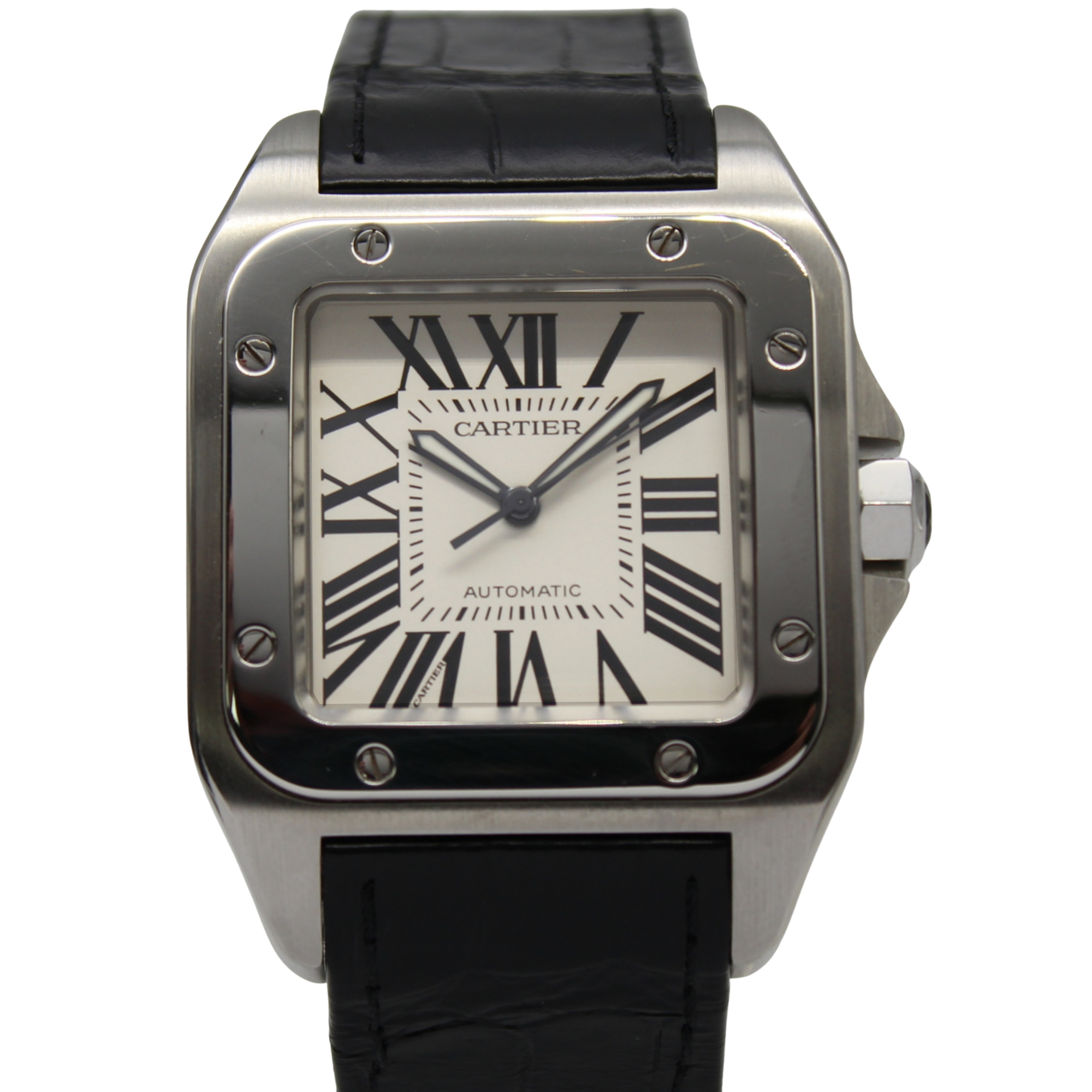Cartier Santos 100 XL 38 x 51mm White Dial Stainless Steel Leather Strap 2656