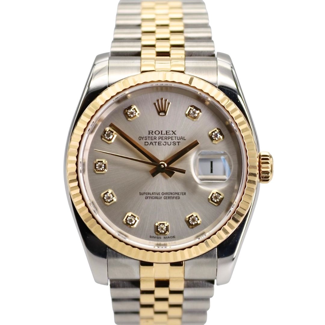 Rolex Datejust 36mm Silver Diamond Dial Two Tone YG/SS Jubilee Bracelet 116233