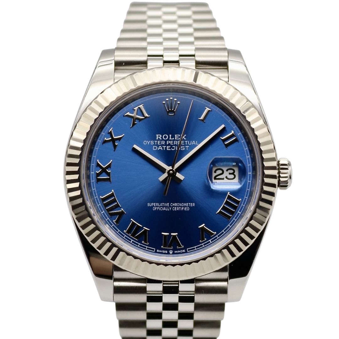 Rolex Datejust 41mm Blue Roman Dial Fluted Bezel Jubilee Bracelet Stainless Steel 126334