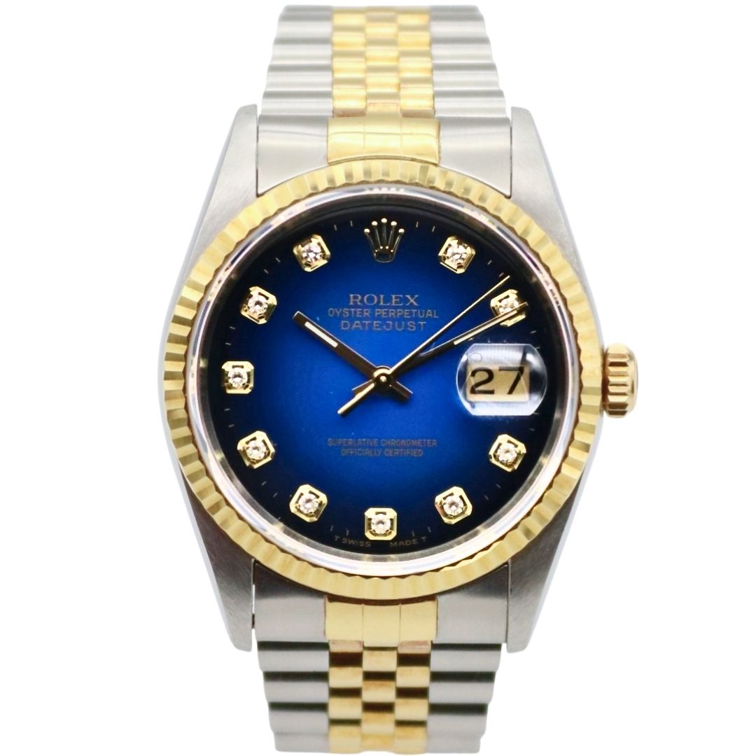 Rolex Datejust 36mm Blue Vignette Diamond Dial Two Tone Yellow Gold 16233