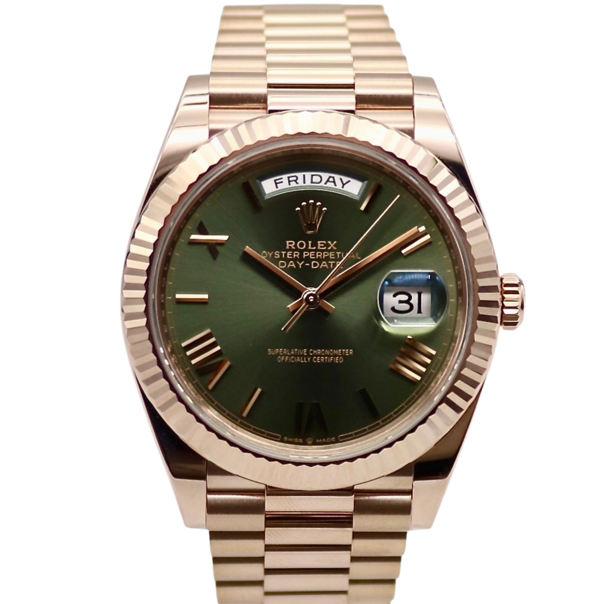Rolex Day-Date 40mm Olive-Green Roman Dial 18k Rose Gold Fluted Bezel 228235