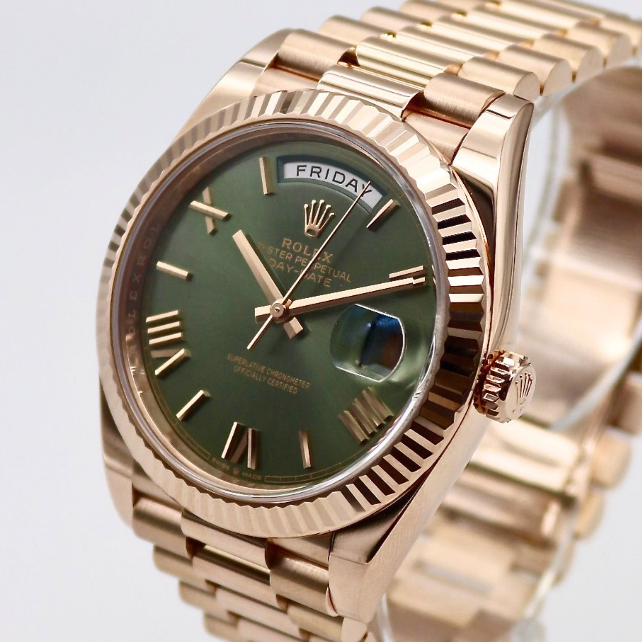 Rolex Day-Date 40mm Olive-Green Roman Dial 18k Rose Gold Fluted Bezel 228235 - Image 2
