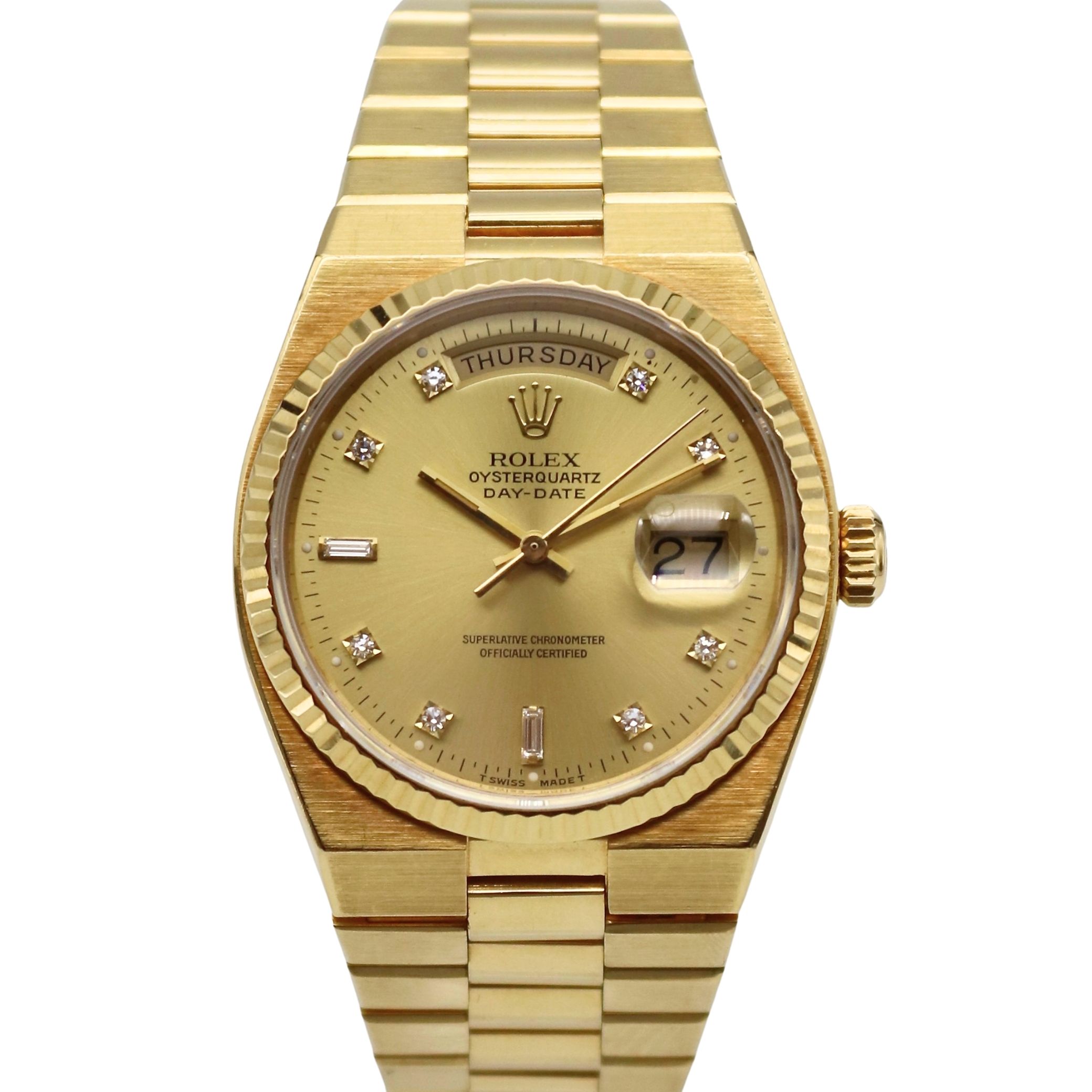 Rolex Day-Date Oysterquartz 36mm Champagne Diamond Dial 18k Yellow Gold 19018