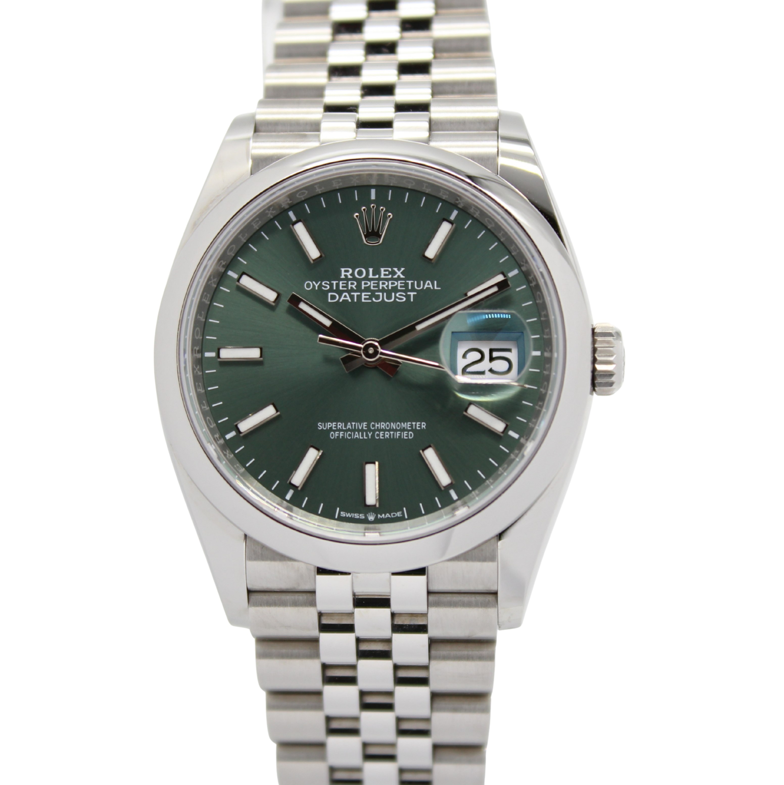 Rolex Datejust 36mm Green Dial Smooth Bezel Jubilee Bracelet Stainless Steel 126200